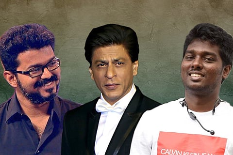 Actor Vijay (L), actor Shah Rukh Khan (M), and filmmaker Atlee (R).