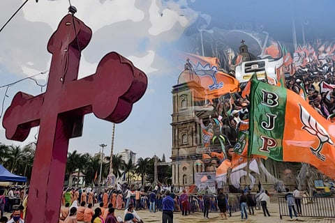 A representative image of a BJP protest juxtaposed with image of a church