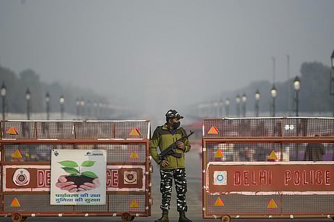 Representative image of a jawan standing next to barricades in Delhi