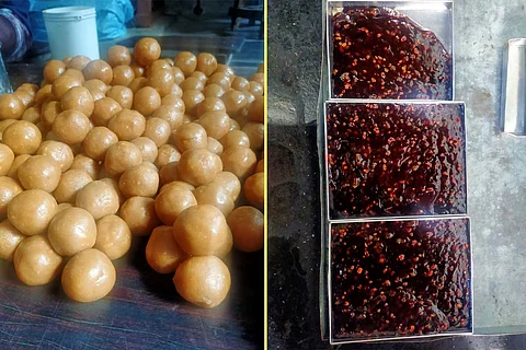Bandar Laddu in Yello colour and Bandar Halwa in Brown colour spread in trays