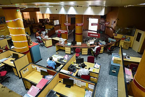 An aerial view of banking staff at a bank in India