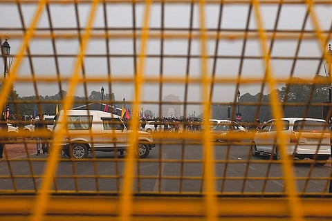 Police barricades put up at a protest site in the capital New Delhi
