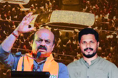Basavaraj Bommai and Praveen Nettaru against the backdrop of a vehicle being rattled by a crowd
