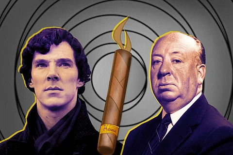 A stylised image of Benedict Cumberbatch as Sherlock Holmes, Alfred Hitchcock, and a cigar in the middle