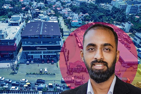 Image of flooded Bengaluru locality, with inset image of data expert Gautam Pradhan