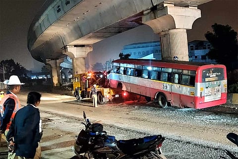 A Karnataka Road Transport Corporation bus hit a metro pillar in Bengaluru.