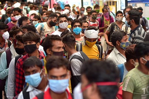 Crowded city railway station after authorities announced relaxations in COVID-19 lockdown