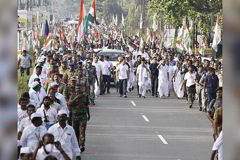 Congress Bharat Jodo Yatra rally on the road