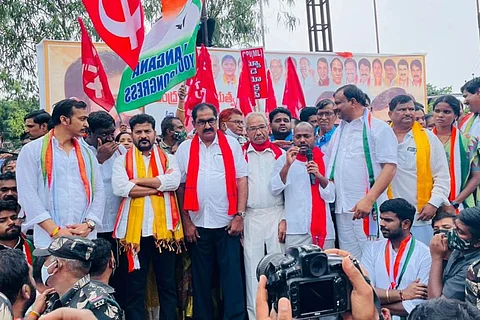 Telangana Congress and Left leaders addressing a gathering