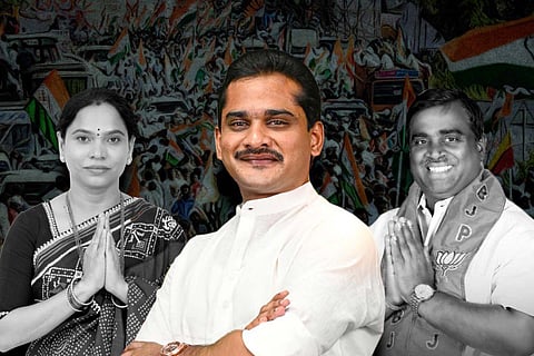 A collage of Aruna Lakshmi, Bharath Reddy, and Gali Somasekhara Reddy