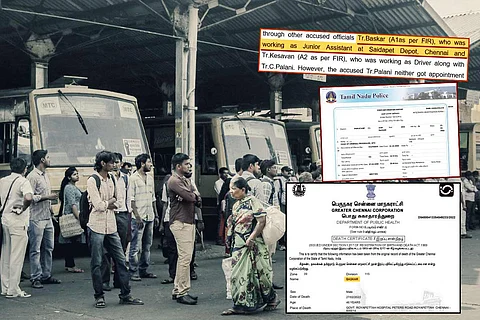 A picture of TN transport buses and people standing around, death certificate of Baskar can be seen