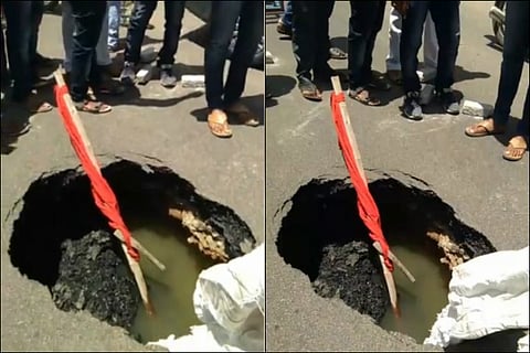 Sinkhole opens up on Hyd road near Bowenpally, disrupts traffic