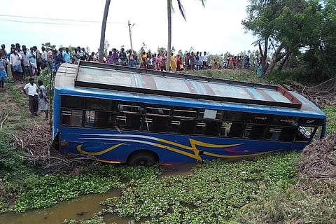 Private bus falls off-road, into a stream in Tiruvarur, cops allege overspeeding
