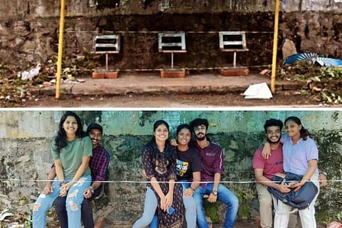 A collage of seats after being cut in a bus stand near CET and students seated in it as groups