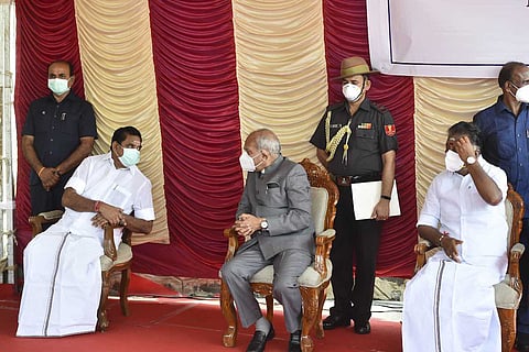 Governor Banwarilal Purohit with Chief Minister K. Palaniswami and Deputy CM O. Panneerselvam