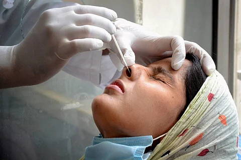A woman's nasal swab being collected by a health worker for a Covid test