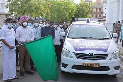 Minister KN Nehru inaugurating the car ambulance service in Chennai