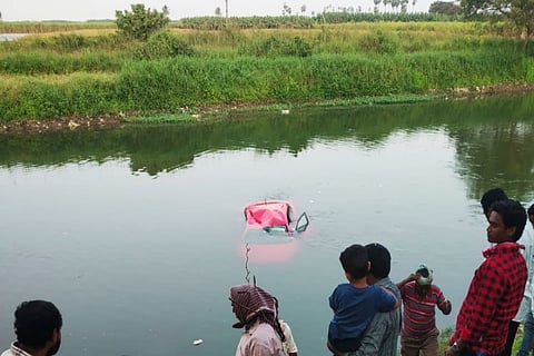 Man dies after car veers off narrow bund road in Amaravati region
