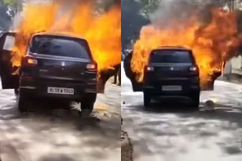 A collage of the car catching fire