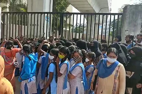 Hyderabad govt school students protest alleged encroachment of playground by Metro Rail in Chaderghat
