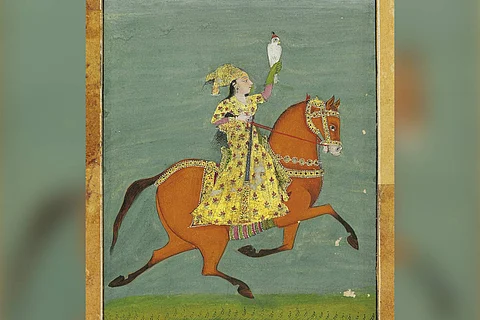 Portrait of Chand Bibi riding a horse while hawking