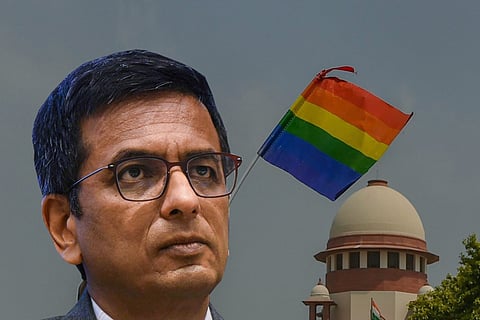 CJI DY Chandrachud against the backdrop of Supreme Court and a rainbow flag