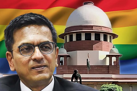 CJI Chandrachud against the backdrop of SC and pride flag