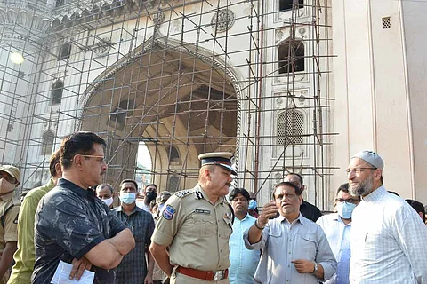 Hyderabad CP and Special Chief Secretary of Urban Development with MP Owaisi at Charminar