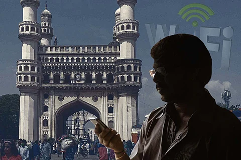 A representative collage of a man using his phone in front of Charminar