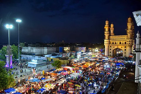 An illuminated view of the market near Charminar on the eve of Eid-ul-Fitr in 2019
