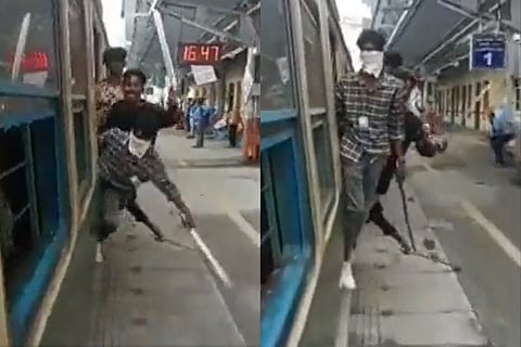 Screengrab of students doing stunts in Chennai local train