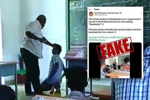 Screengrab from the video from Chidambaram of a teacher beating a student, with a screenshot of a fake tweet by Sudarshan news