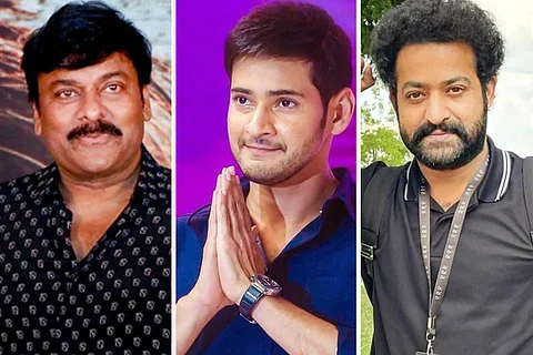 A collage of Chiranjeevi on the right, Mahesh Babu in the centre and Jr NTR on the left