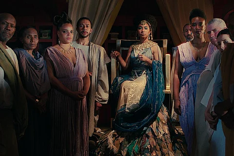Cleopatra (centre) is played by a black actress, Adele James, in the new Netflix docudrama series. Image courtesy Netflix