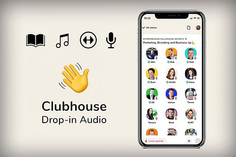 A collage of an image of a cellphone and the logo of Clubhouse