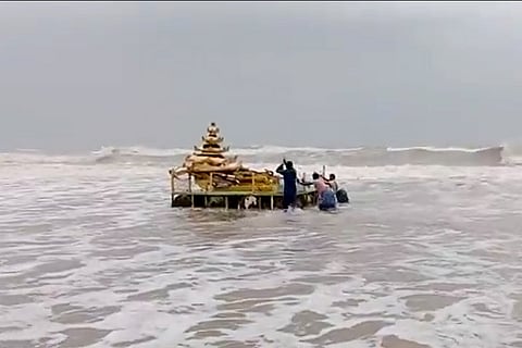 The golden chariot structure washed up on the Andhra shore