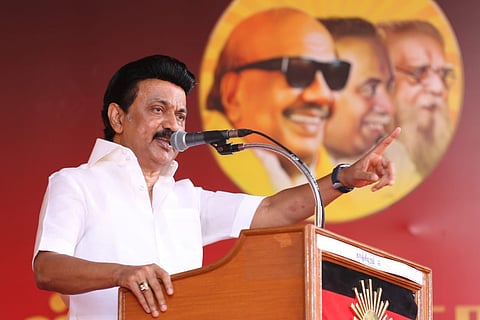 DMK chief Stalin speaking at a public meeting
