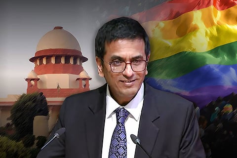 CJI DY Chandrachud against the backdrop of Supreme Court and rainbow flag