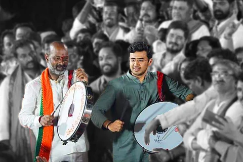 Telangana BJP Chief Bandi Sanjay and BJYM president Tejasvi Surya embraces dappu in a public gathering