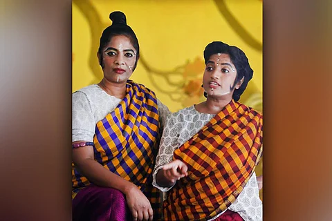 Two actors performing in the play Desdemona Rupakam staged at Ranga Shankara, Bengaluru