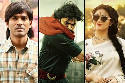 Dhanush, Pawan Kalyan and Keerthy Suresh from different movies arranged in a collage