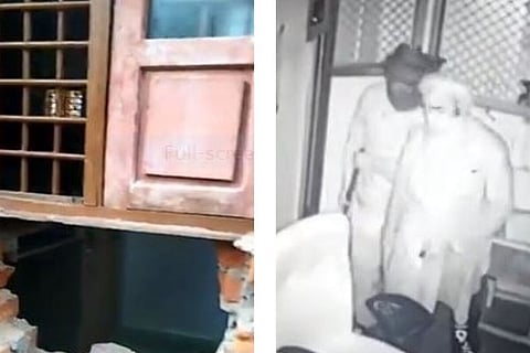 Collage of the drilled wall and the accused in the cash room