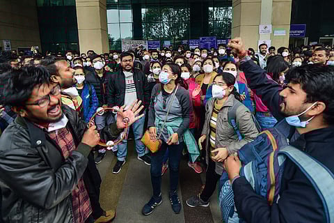 Resident doctors protesting delay in NEET-PG counselling at Safdarjung hospital in Delhi