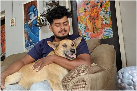 A dog with a rescuer