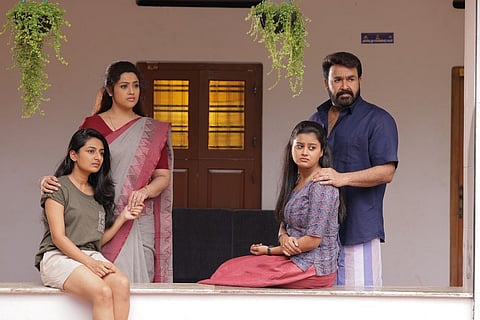 Mohanlal, Meena, Esther Anil and Ansiba in the poster of 'Drishyam 2'.