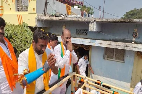 BJPs Raghunandan Rao and State Chief Bandi Sanjay during campaign in Dubbaka