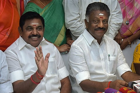 Chief Minister Edappadi K Palaniswami and Deputy Chief Minister O Panneerselvam are seen together while addressing the media
