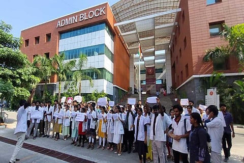 Students protesting at the ESIC Medical College Hospital in KK Nagar, Chennai.