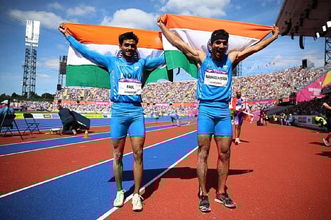 Eldhose Paul and Abdulla Aboobacker after winning at Commonwealth Games 2022