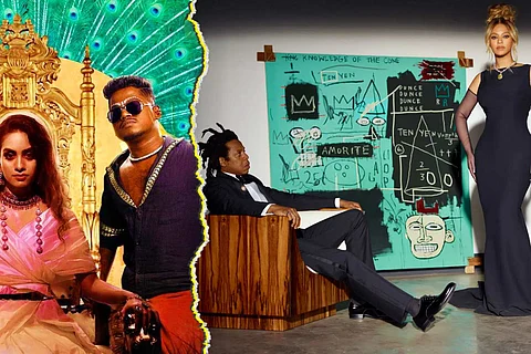 A collage of Dhee & Arivu in Enjoy Enjaami, and Beyonce and Jay-Z in recent Tiffany ad